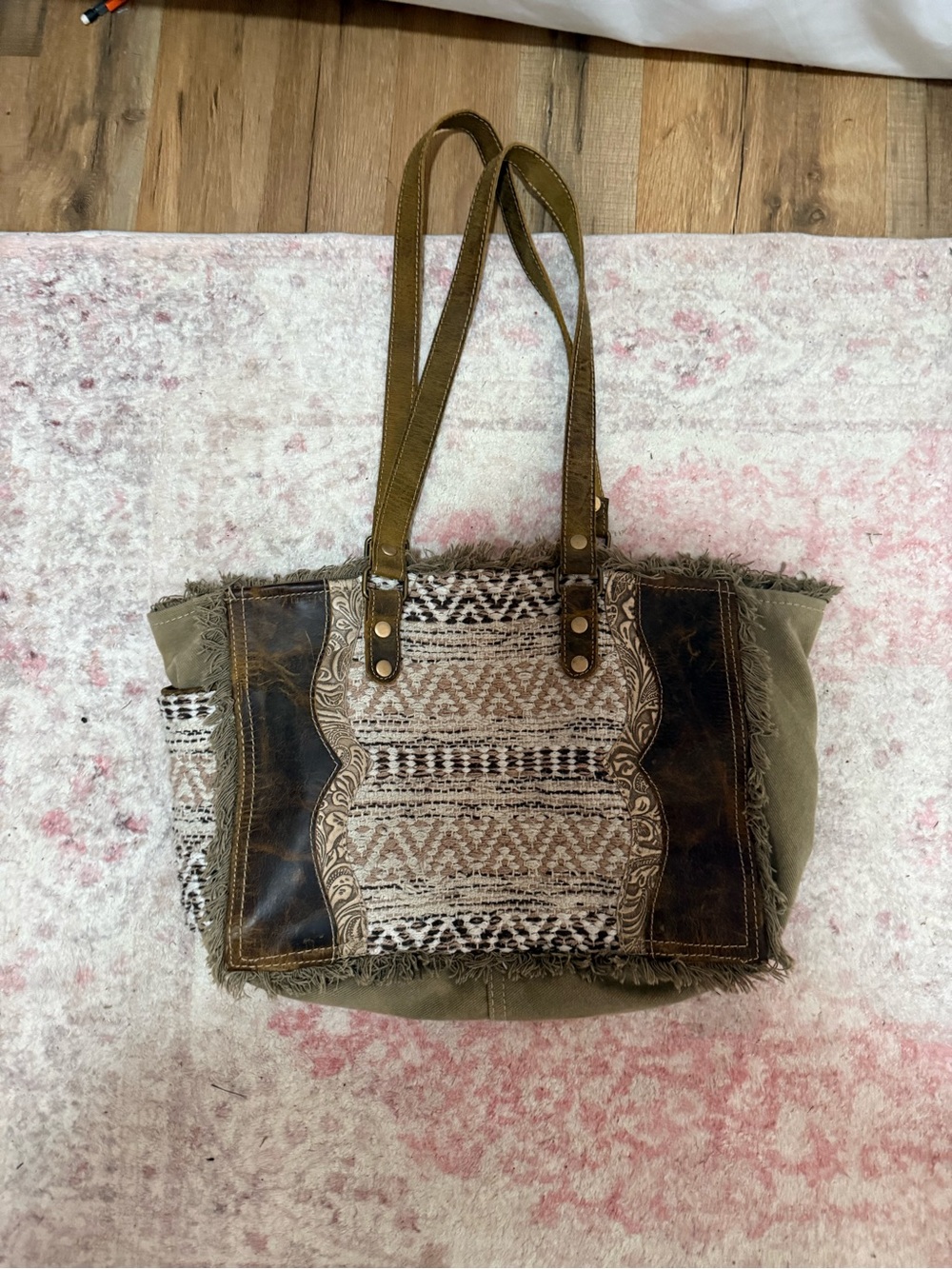 MYRA Boho Olive Green Tote Bag with Patterned Front Panel
